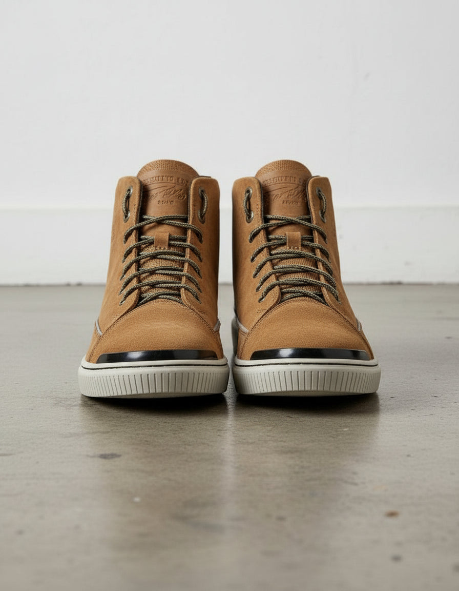 Tan-Handcrafted Leather High-top Biker Sneakers for Men-front-view