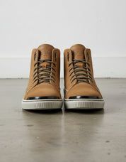 Tan-Handcrafted Leather High-top Biker Sneakers for Men-front-view