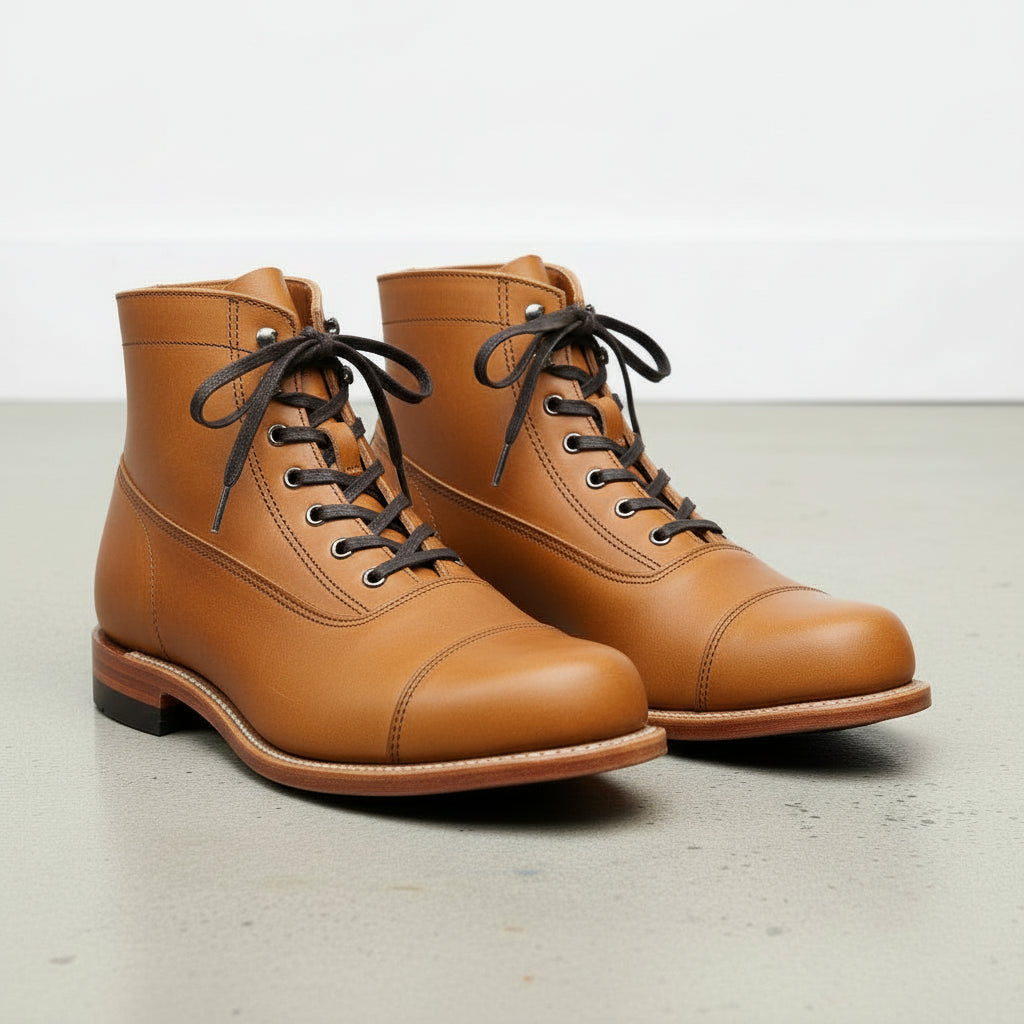 Tan-Handcrafted Leather Men's Ankle Boot-angle-view-showing-depth