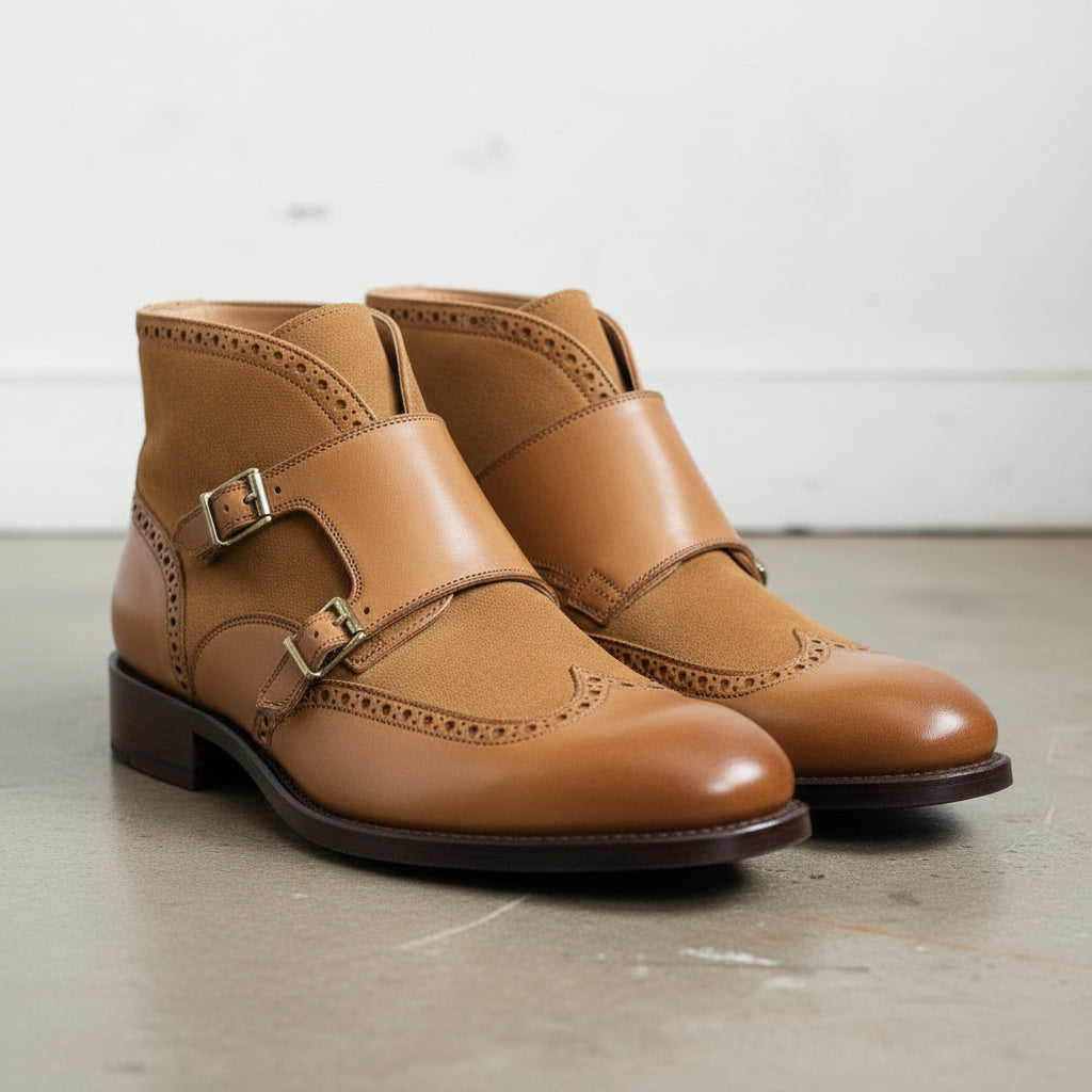 Tan-Handcrafted Leather Monk Strap Chukka Boots-angle-view-showing-depth