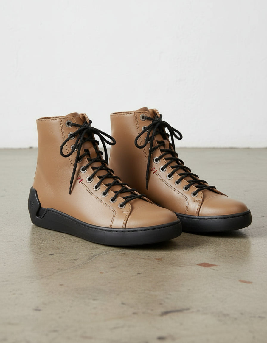 Tan-Handcrafted Men's Leather Biker Sneakers with Extra Toe Protection-angle-view-showing-depth