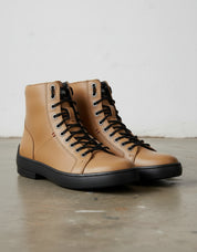 Tan-Handcrafted Men's Leather Biker Sneakers with Extra Toe Protection-angle-view-showing-depth