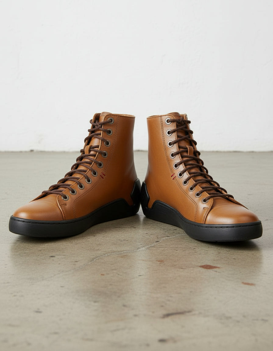 Tan-Handcrafted Men's Leather Biker Sneakers with Extra Toe Protection-front-view