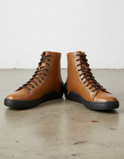 Tan-Handcrafted Men's Leather Biker Sneakers with Extra Toe Protection-front-view