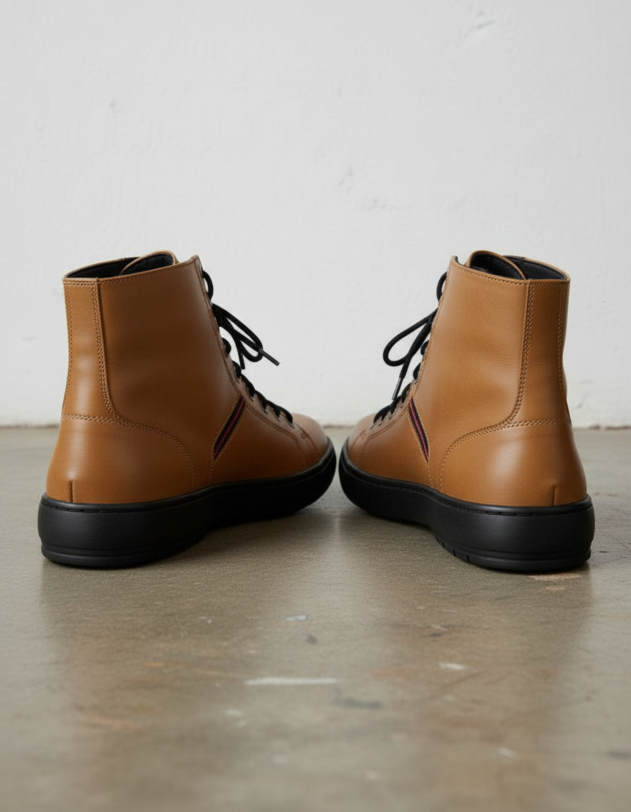 Tan-Handcrafted Men's Leather Biker Sneakers with Extra Toe Protection-front-view