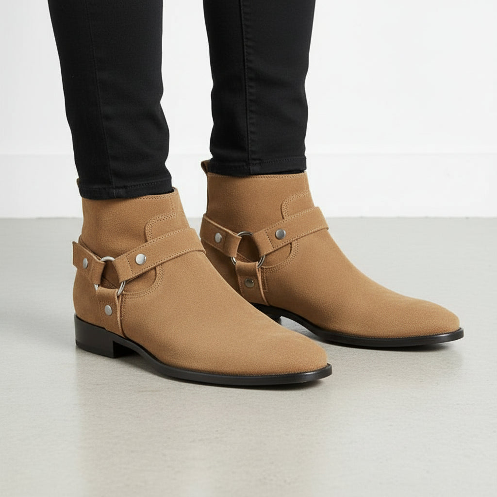 Tan-Handcrafted Men's Suede Biker Boot with Side Zipper-angle-view-showing-depth