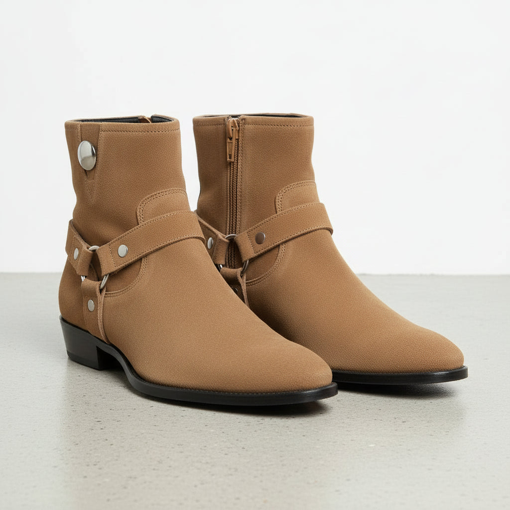 Tan-Handcrafted Men's Suede Biker Boot with Side Zipper-front-view