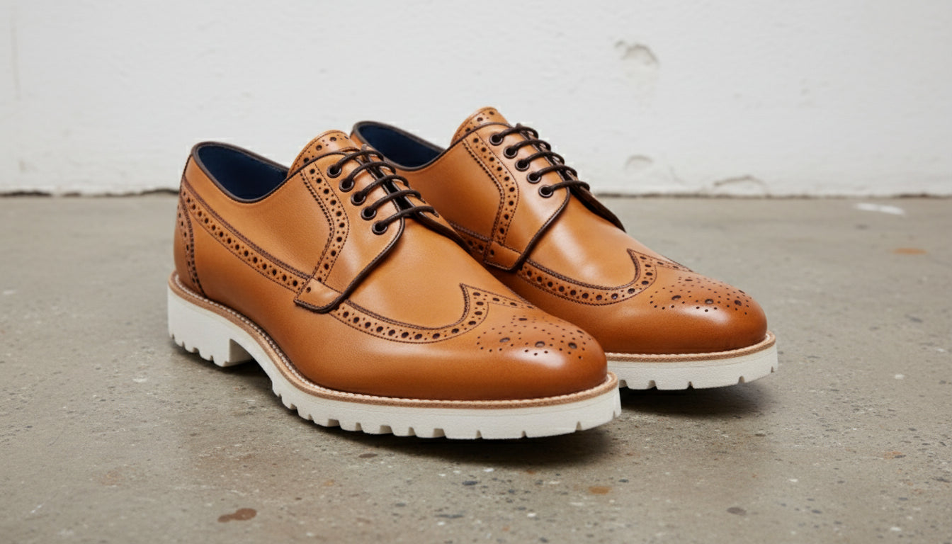 Tan Leather Brogue Shoes with rubber sole, Handmade Leather Shoes for men - angle-view-showing-depth