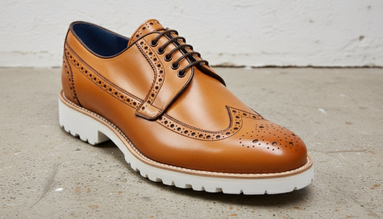Tan Leather Brogue Shoes with rubber sole, Handmade Leather Shoes for men - detail-view-showing-texture