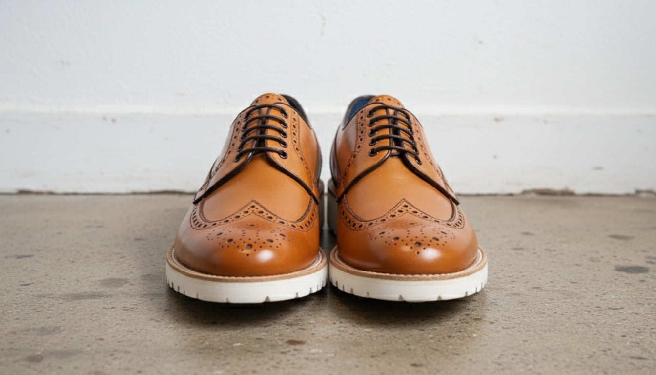 Tan Leather Brogue Shoes with rubber sole, Handmade Leather Shoes for men - front-view