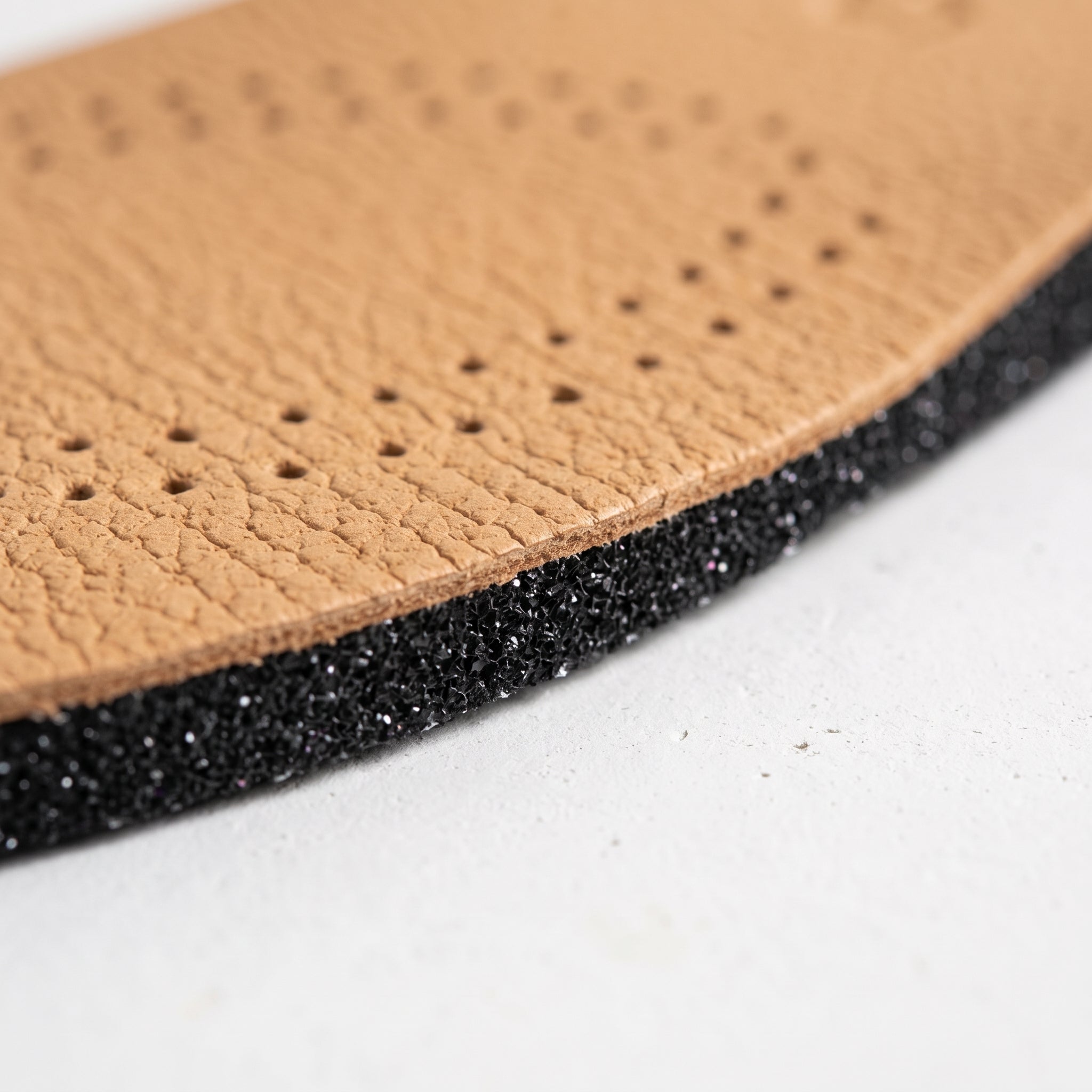Tan Pebbled Leather and Black Active Carbon Filter Insoles — Abbins