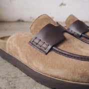 Tan Suede Apron-Toe Loafer Mules — Brentley