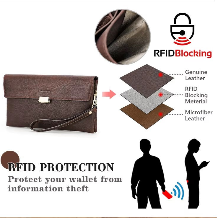Men's Luxury RFID Blocking Leather Wristlet Clutch Bag
