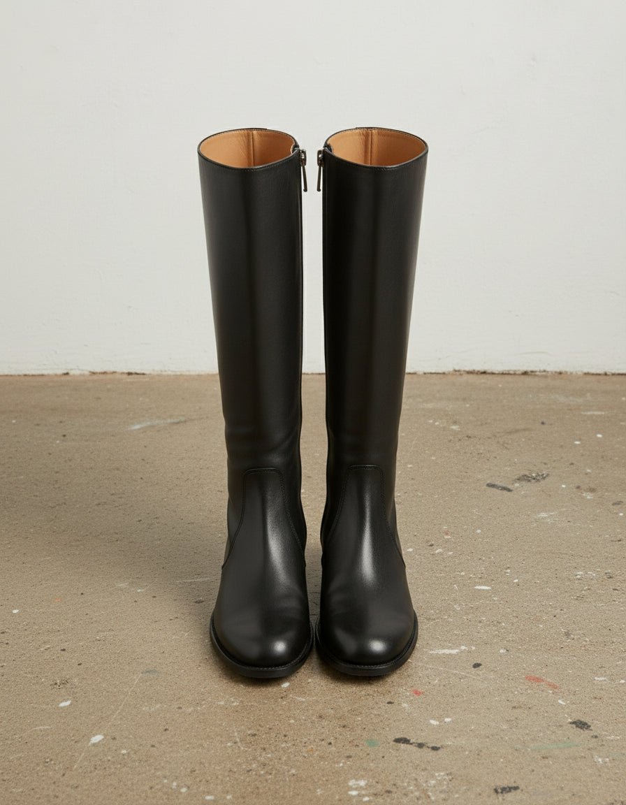 top-view-showing-zipper - Women's Handmade Leather Riding Boots, Knee-High Boots, Full Grain Leather Boots