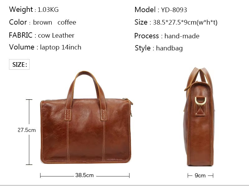 Handmade Vintage Zipper Leather Men’s Crossbody Laptop Bag