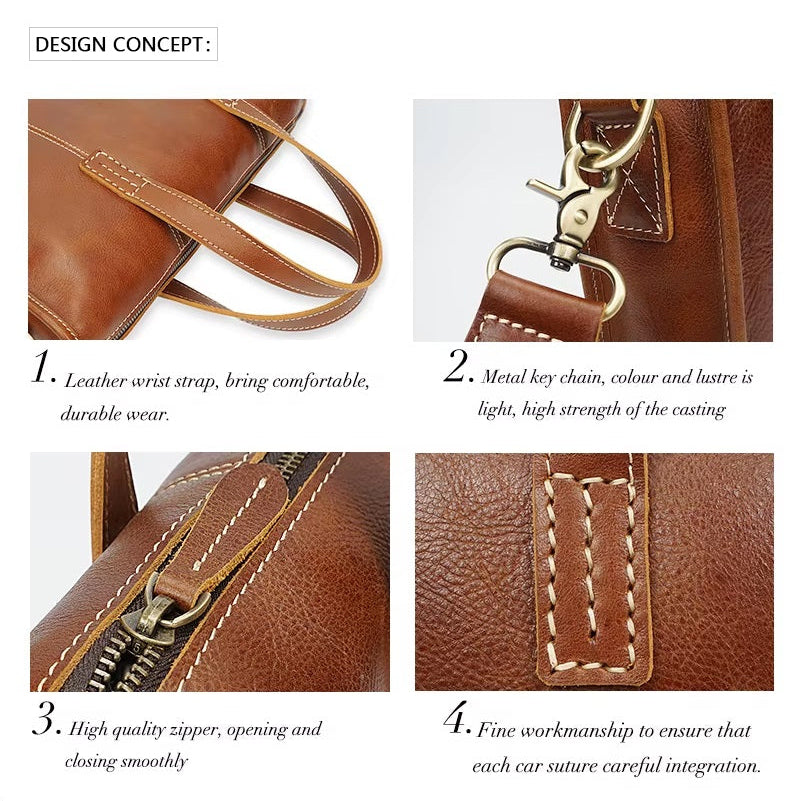 Handmade Vintage Zipper Leather Men’s Crossbody Laptop Bag
