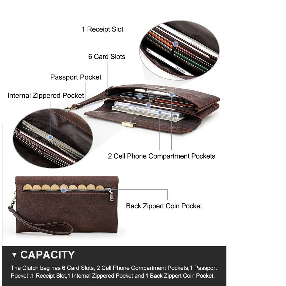 Men's Luxury RFID Blocking Leather Wristlet Clutch Bag