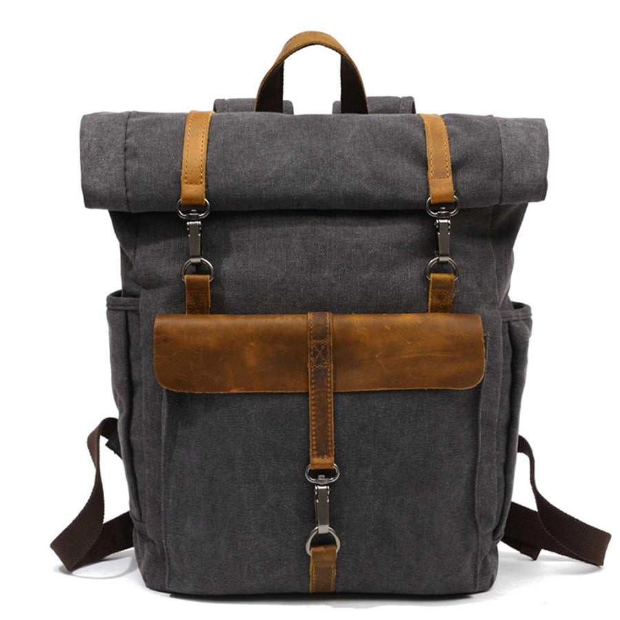 Handmade Men's Canvas Roll-Top Backpack with Leather Travel Shoulder Rucksack