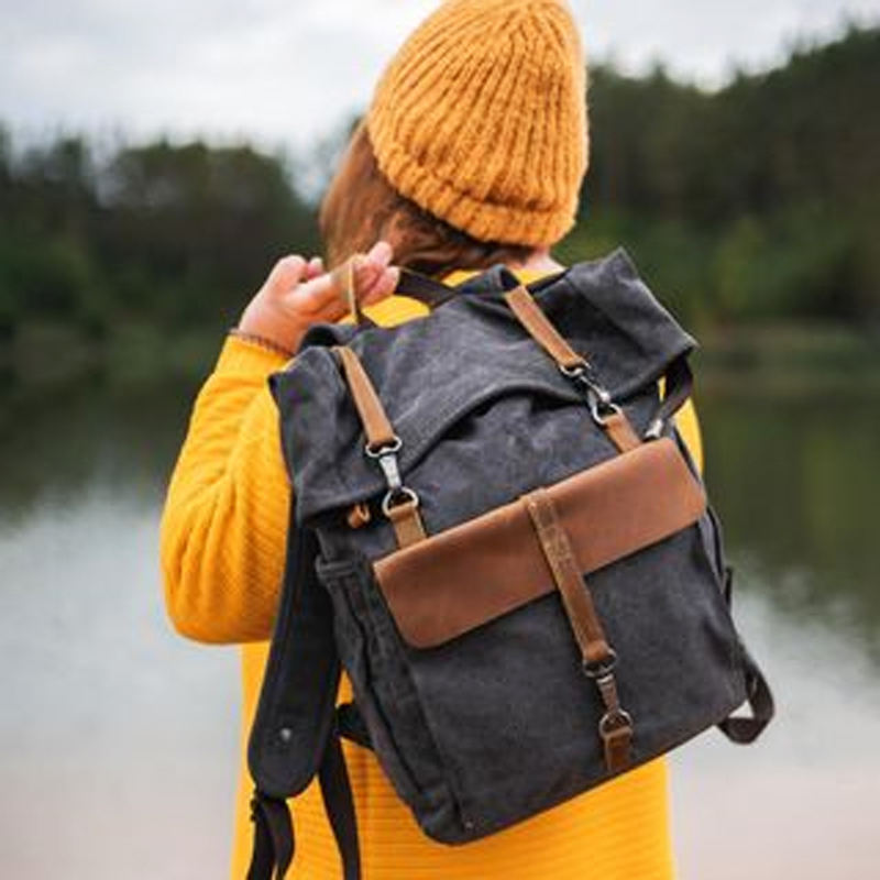 Brown and Tan Canvas Roll-Top Backpack — Penfold