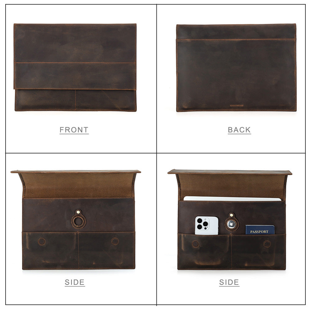 Vintage Crazy Horse Leather Laptop Sleeve for Macbook with Airtag