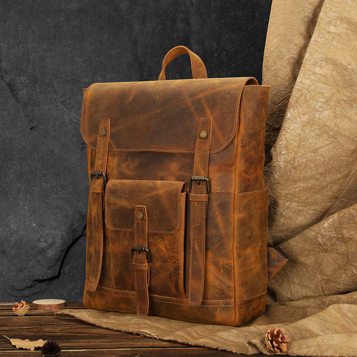 Vintage Full-Grain Leather Backpack with Laptop Compartment