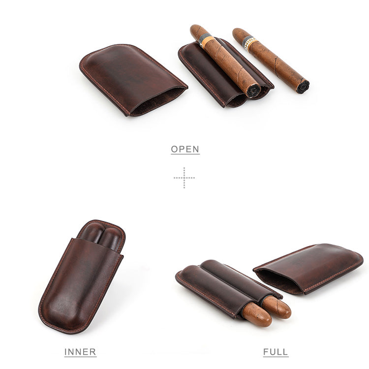 Vintage Genuine Leather 2-Tube Travel Humidor Cigar Case for Portability