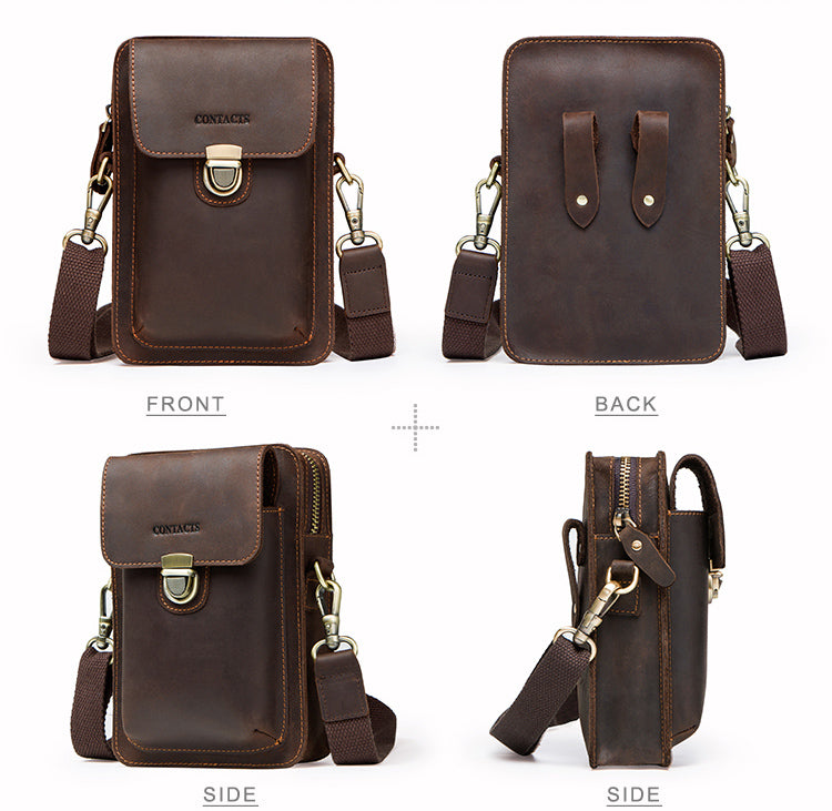 Vintage Genuine Leather Zipper Crossbody Bag for Men – Travel Ready