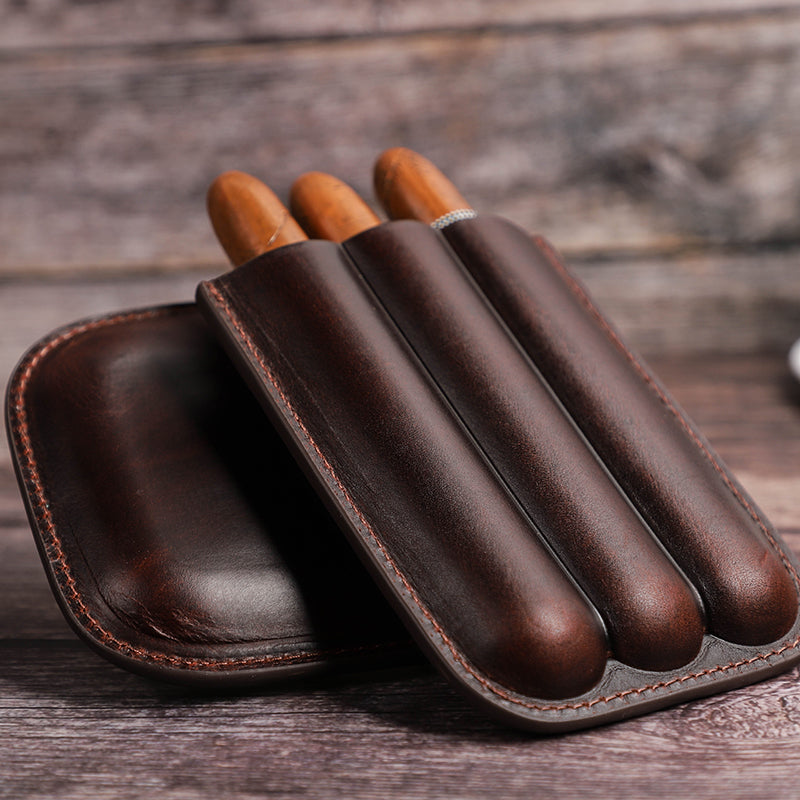 Vintage Leather 3-Cigar Travel Case – Cowhide Humidor for 60-Ring Cigars