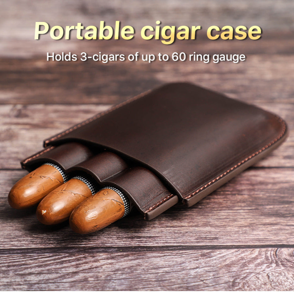 Vintage Leather 3-Cigar Travel Case – Cowhide Humidor for 60-Ring Cigars