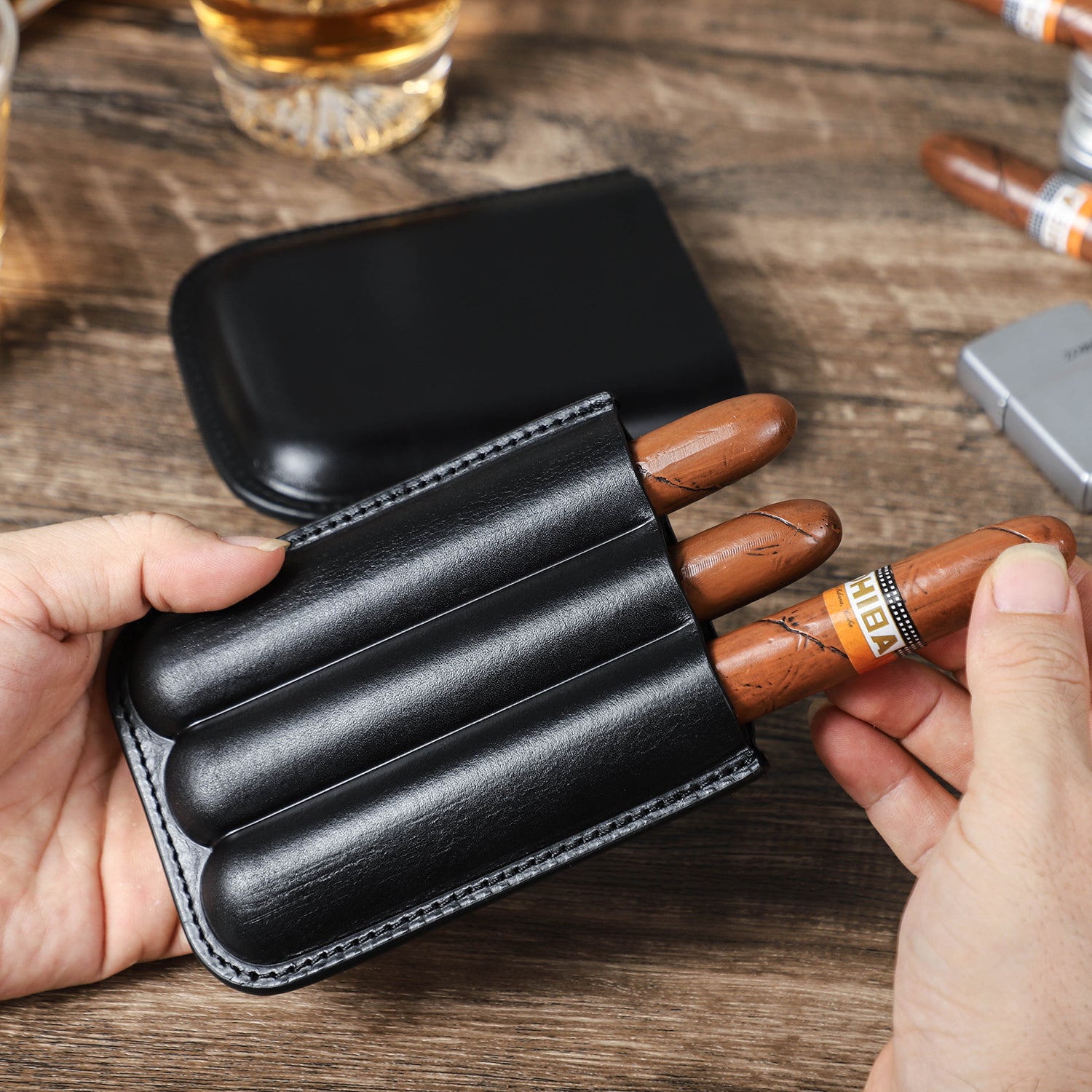 Vintage Leather 3-Cigar Travel Case – Cowhide Humidor for 60-Ring Cigars