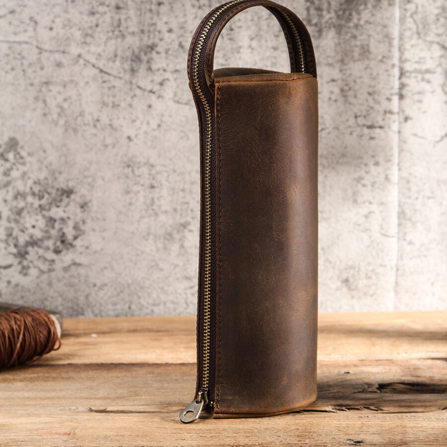 Vintage Leather Zipper Pencil Case - Handmade Pen Pouch