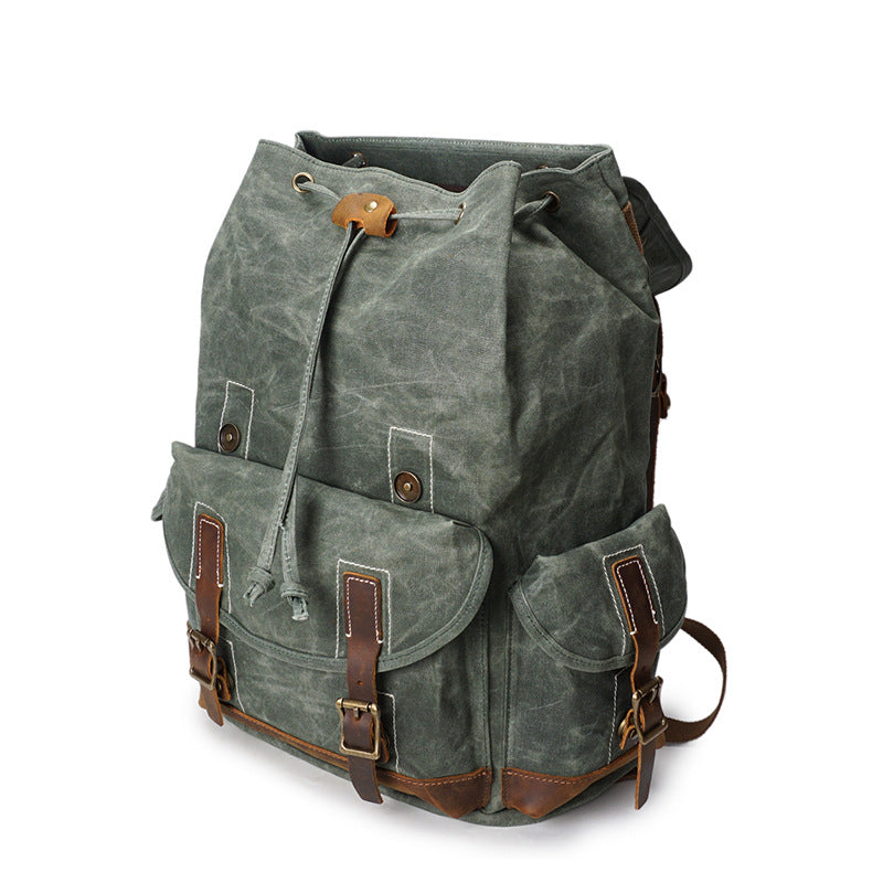 canvas and leather military backpack HuaChen Vintage Heavy Duty with Trims,Military Rucksack for Travel, Hiking,School, College Bookbag Daypack strong and hard Men's Green Canvas Backpack with