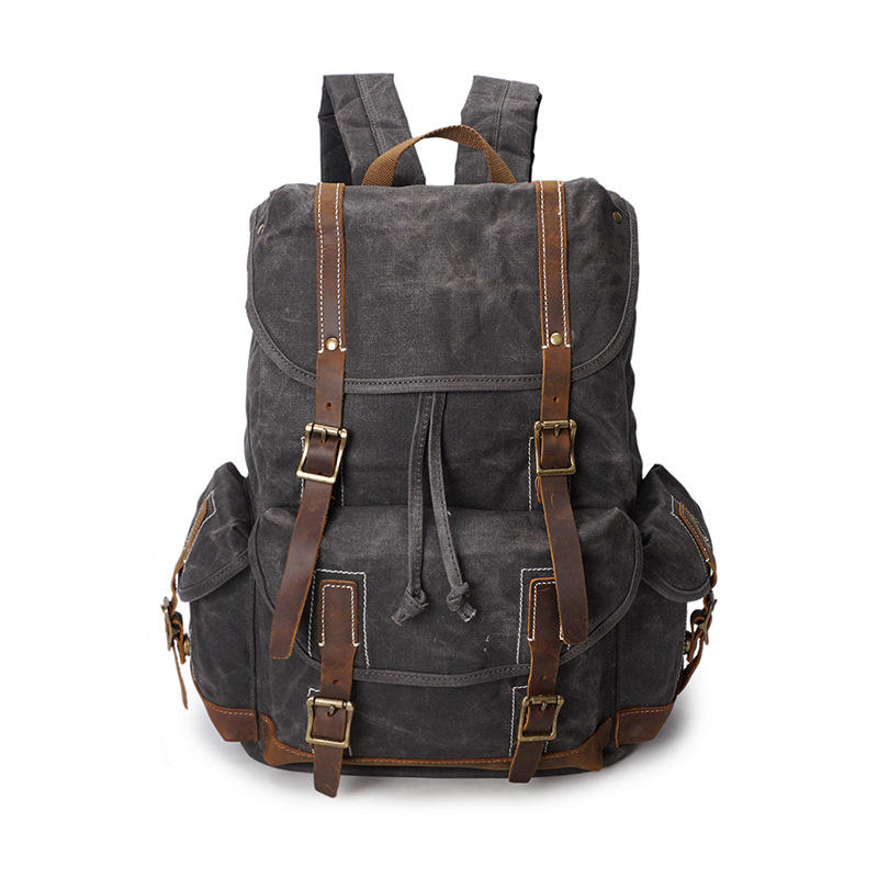 Vintage Military-Style Canvas Backpack with Leather Straps