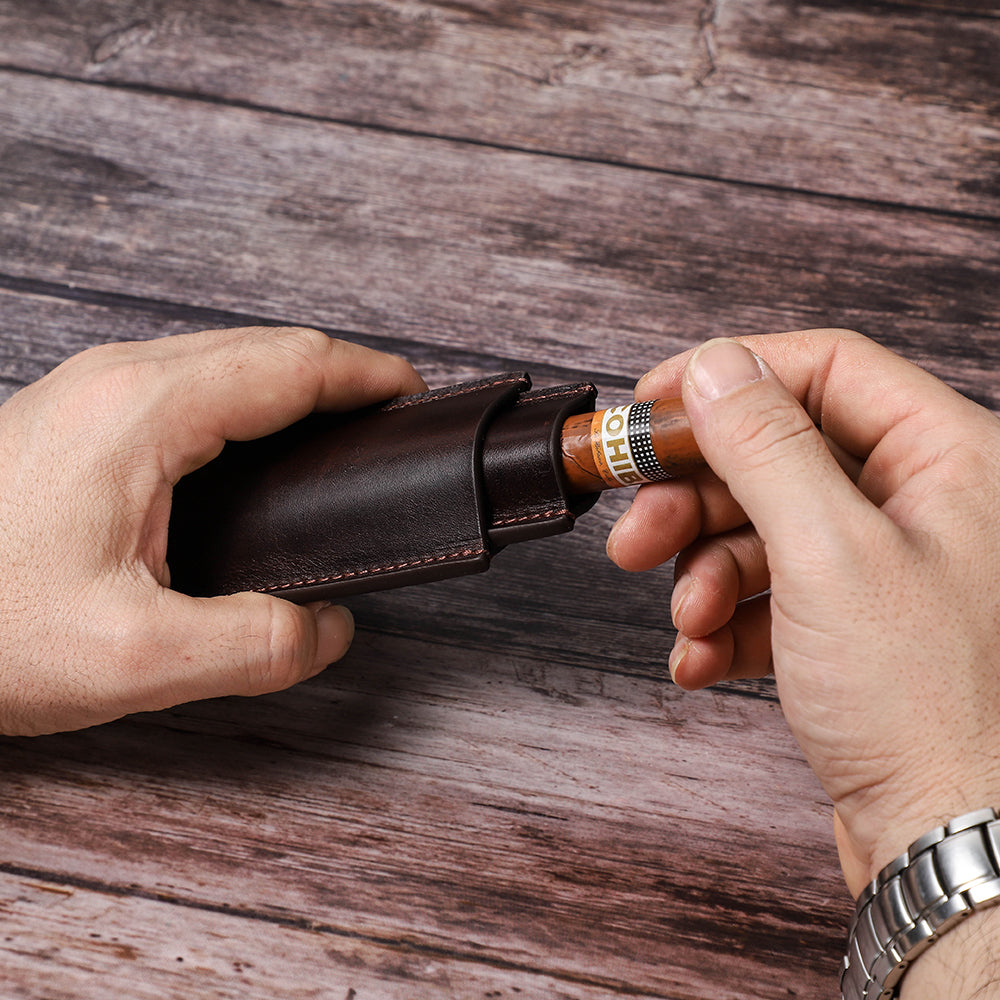 Vintage Single-Finger Genuine Leather Portable Travel Cigar Humidor Case