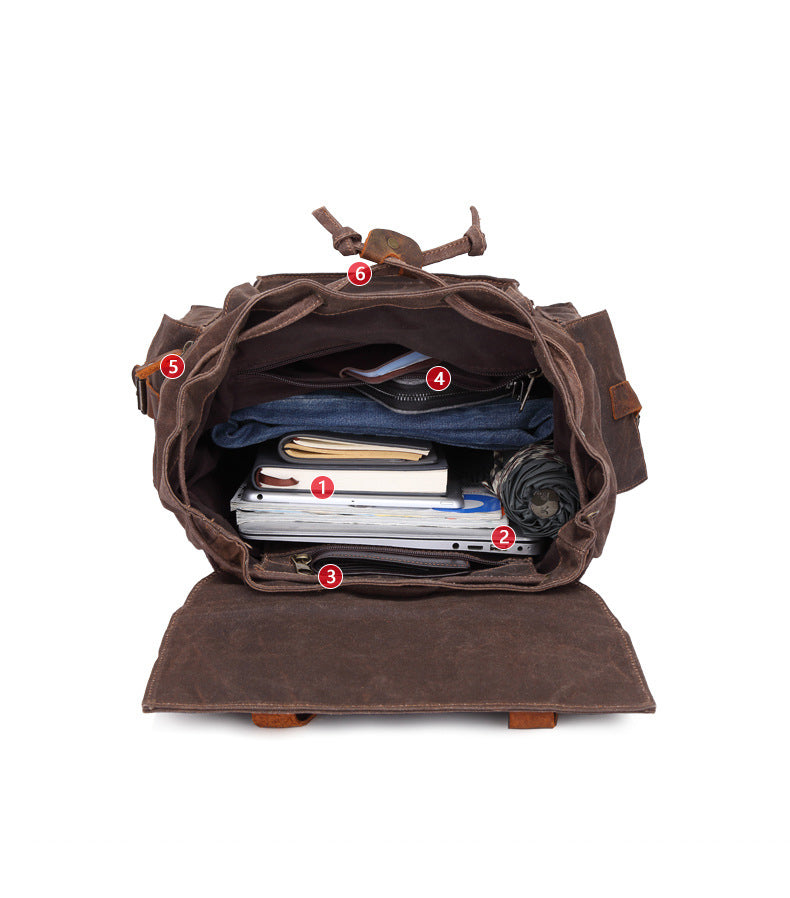 Dark Brown and Brown Waxed Canvas Backpack with Leather Accents