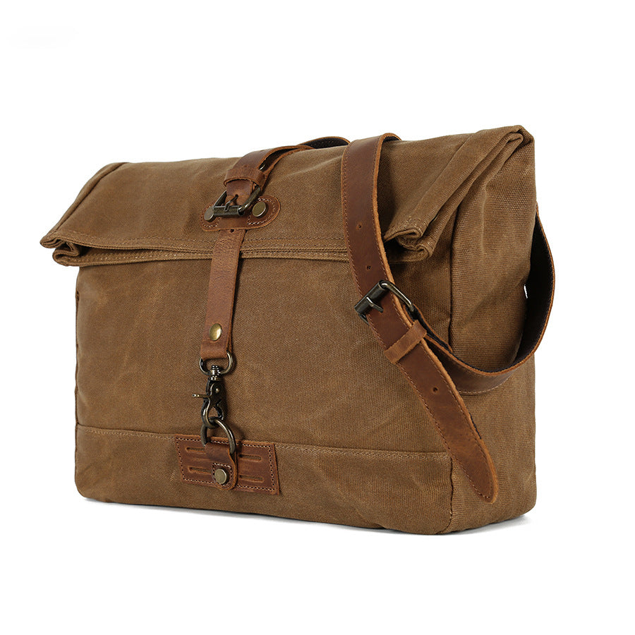 Vintage Waxed Canvas Messenger Bag with Leather Strap
