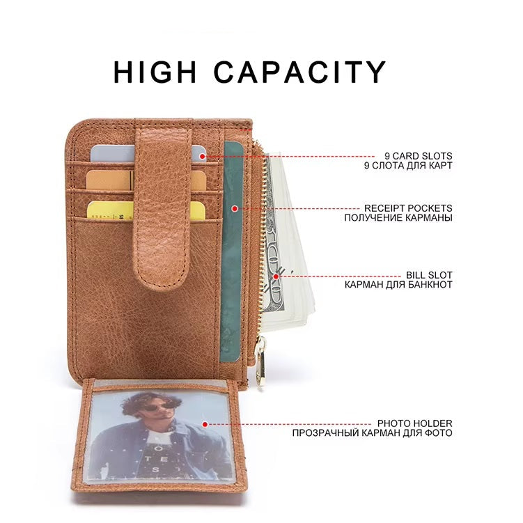 Men's RFID-Blocking Genuine Leather Bifold Wallet with Coin Pocket