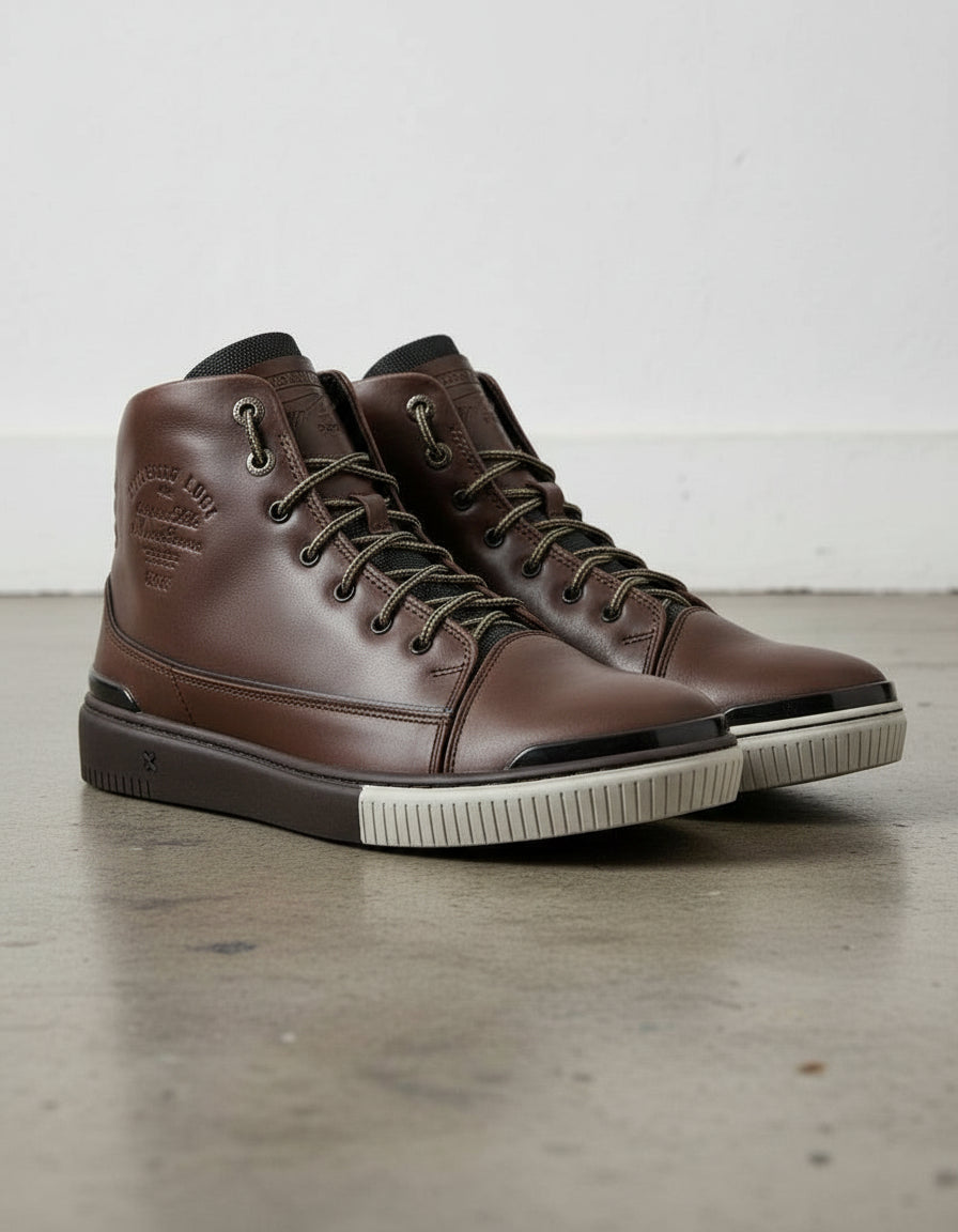 Walnut-Handcrafted Leather High-top Biker Sneakers for Men-front-view