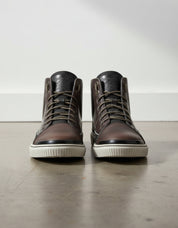 Walnut-Handcrafted Leather High-top Biker Sneakers for Men-front-view