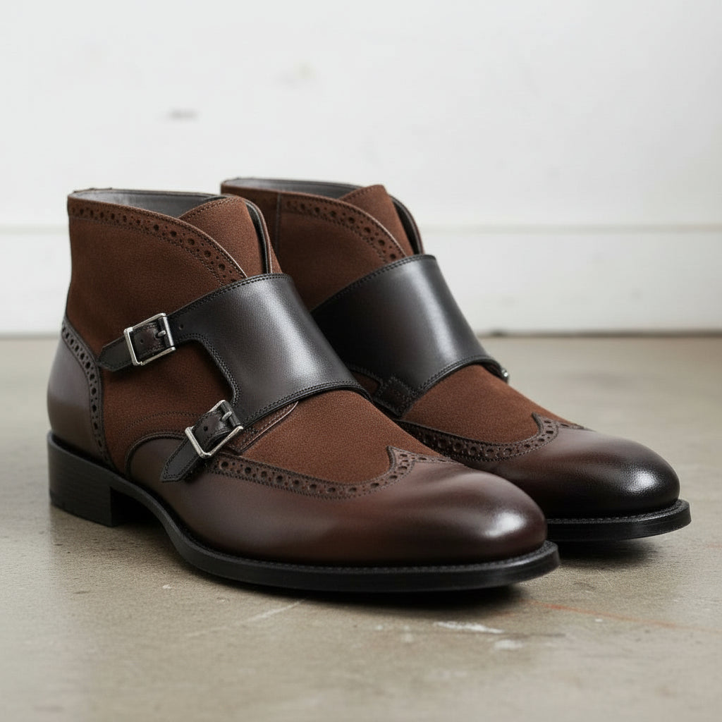 Walnut-Handcrafted Leather Monk Strap Chukka Boots-angle-view-showing-depth