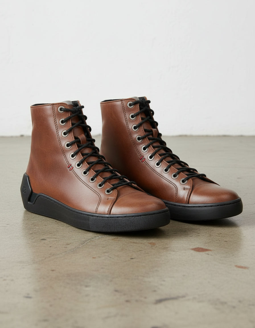 Walnut-Handcrafted Men's Leather Biker Sneakers with Extra Toe Protection-angle-view-showing-depth