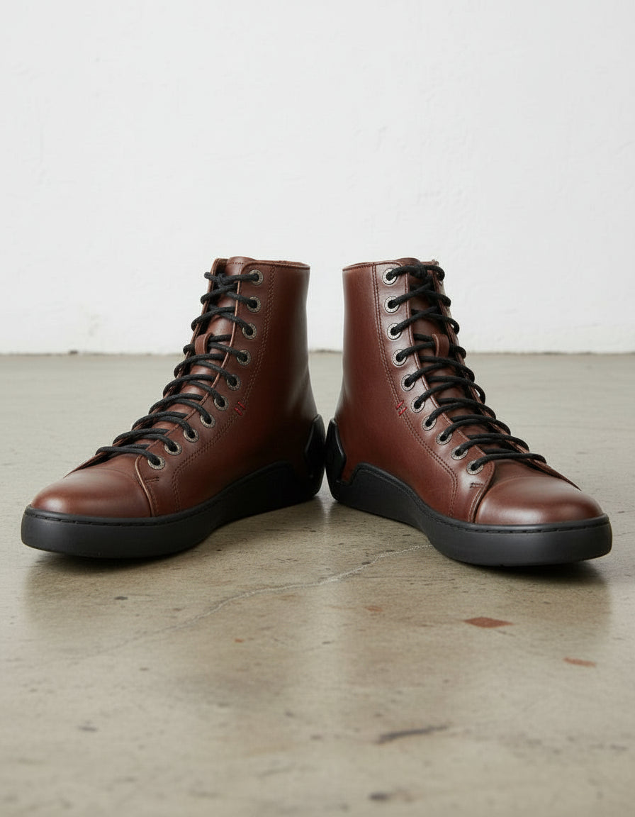 Walnut-Handcrafted Men's Leather Biker Sneakers with Extra Toe Protection-front-view