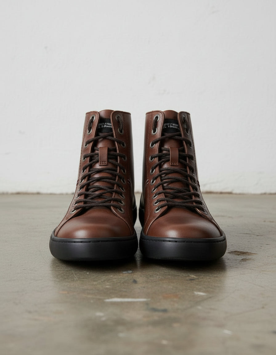 Walnut-Handcrafted Men's Leather Biker Sneakers with Extra Toe Protection-front-view