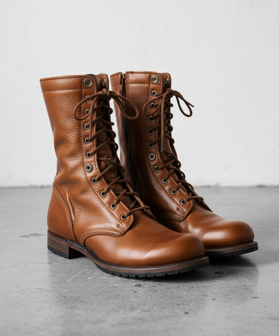 Walnut-Handcrafted Men's Leather Combat Boots-angle-view-showing-depth