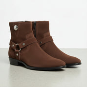 Walnut-Handcrafted Men's Suede Biker Boot with Side Zipper-angle-view-showing-depth