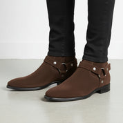 Walnut-Handcrafted Men's Suede Biker Boot with Side Zipper-angle-view-showing-depth