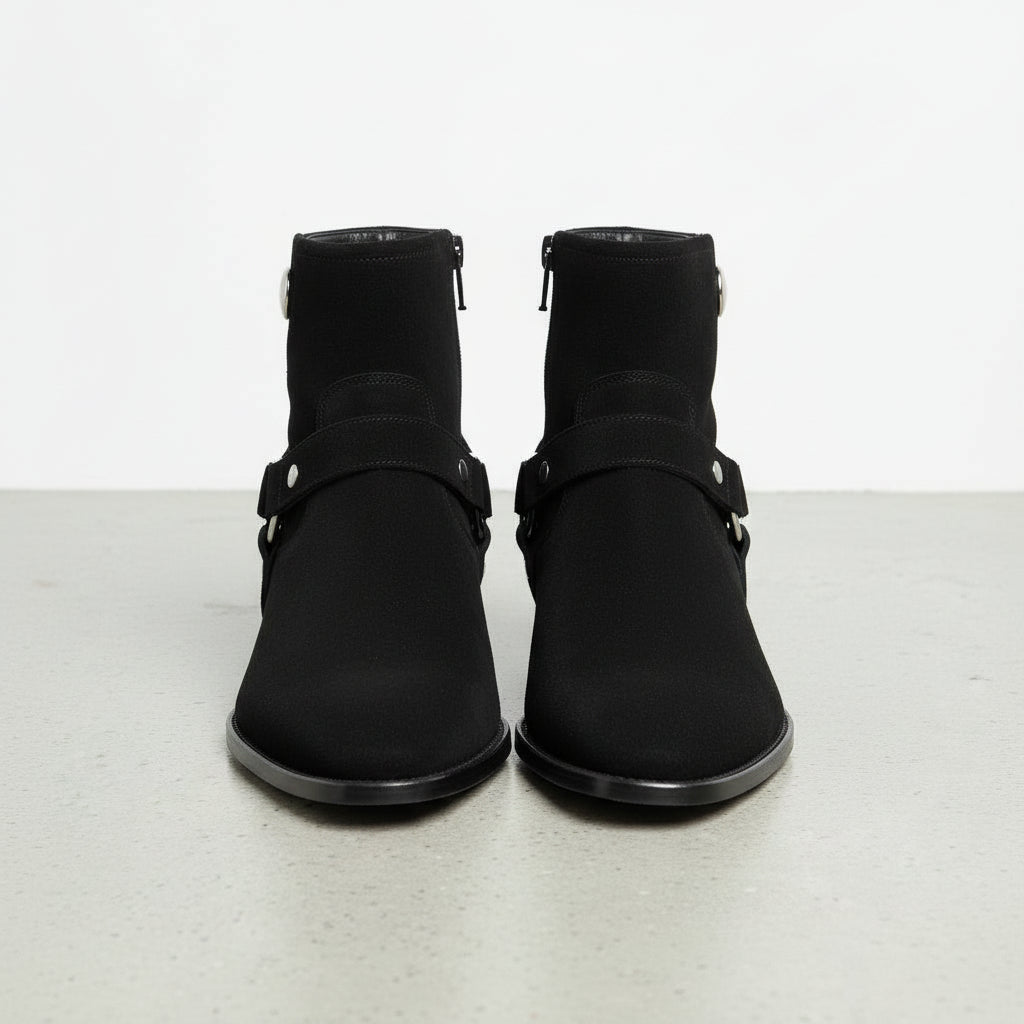 Walnut-Handcrafted Men's Suede Biker Boot with Side Zipper-front-view