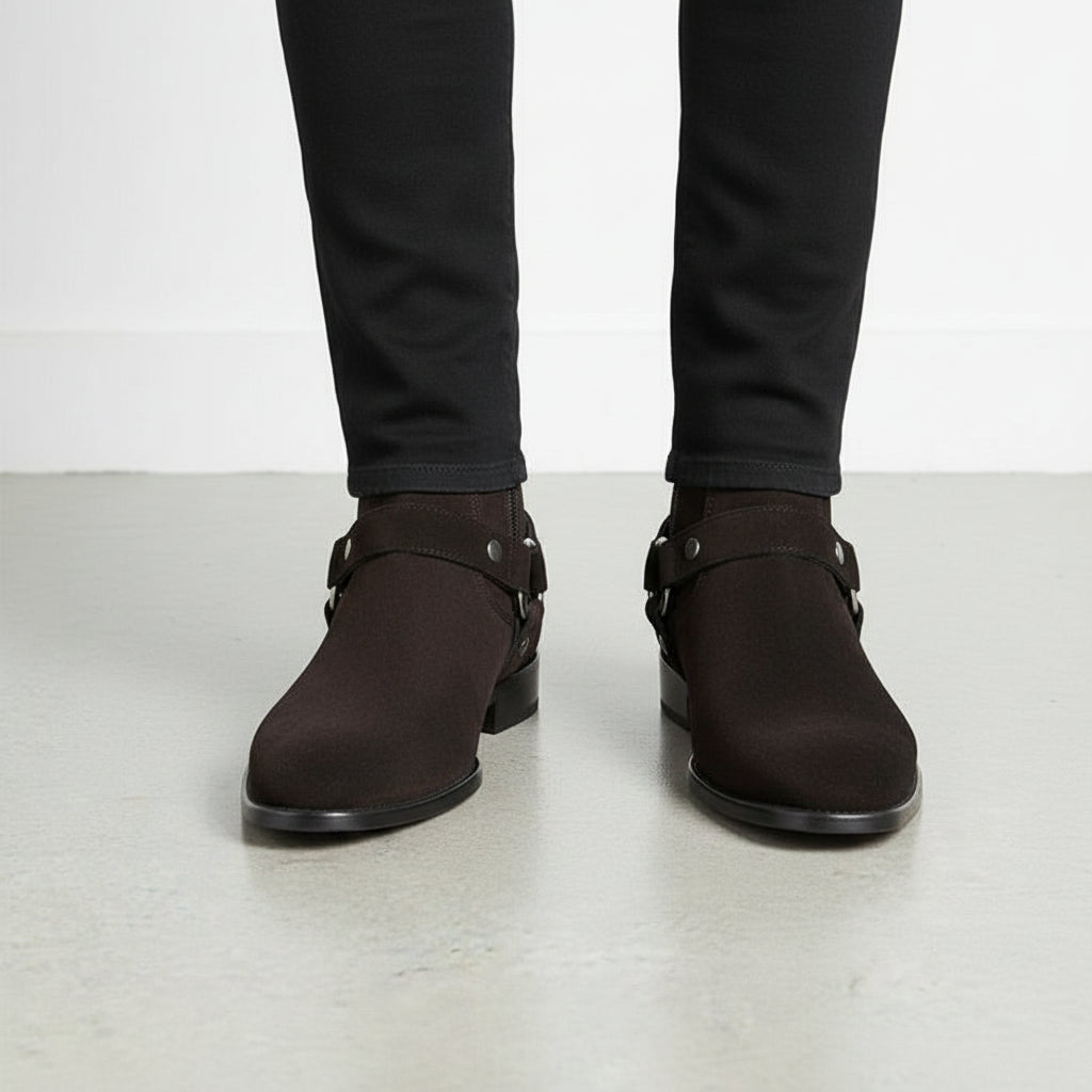 Walnut-Handcrafted Men's Suede Biker Boot with Side Zipper-front-view