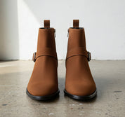 Walnut-Handmade Men Dark Suede Casual Biker Boots, Mens Boot-front-view