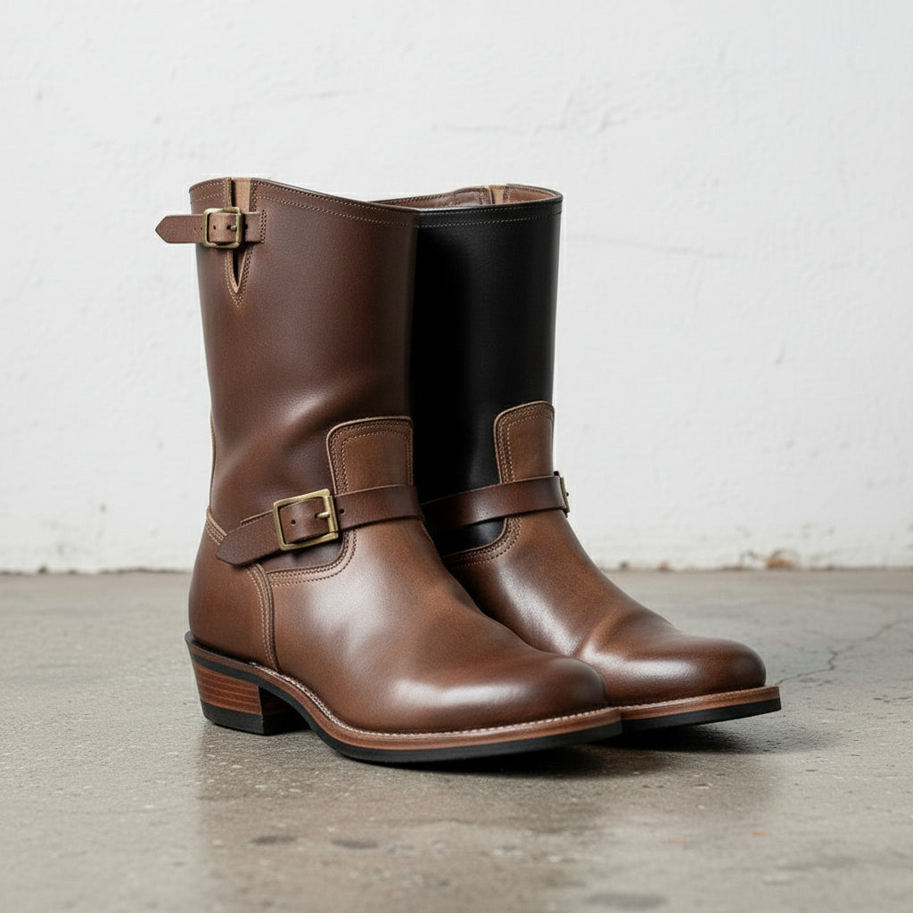Walnut-Handmade Men Two Tone Biker Boots, Men and Motorcycle Boot-angle-view-showing-depth